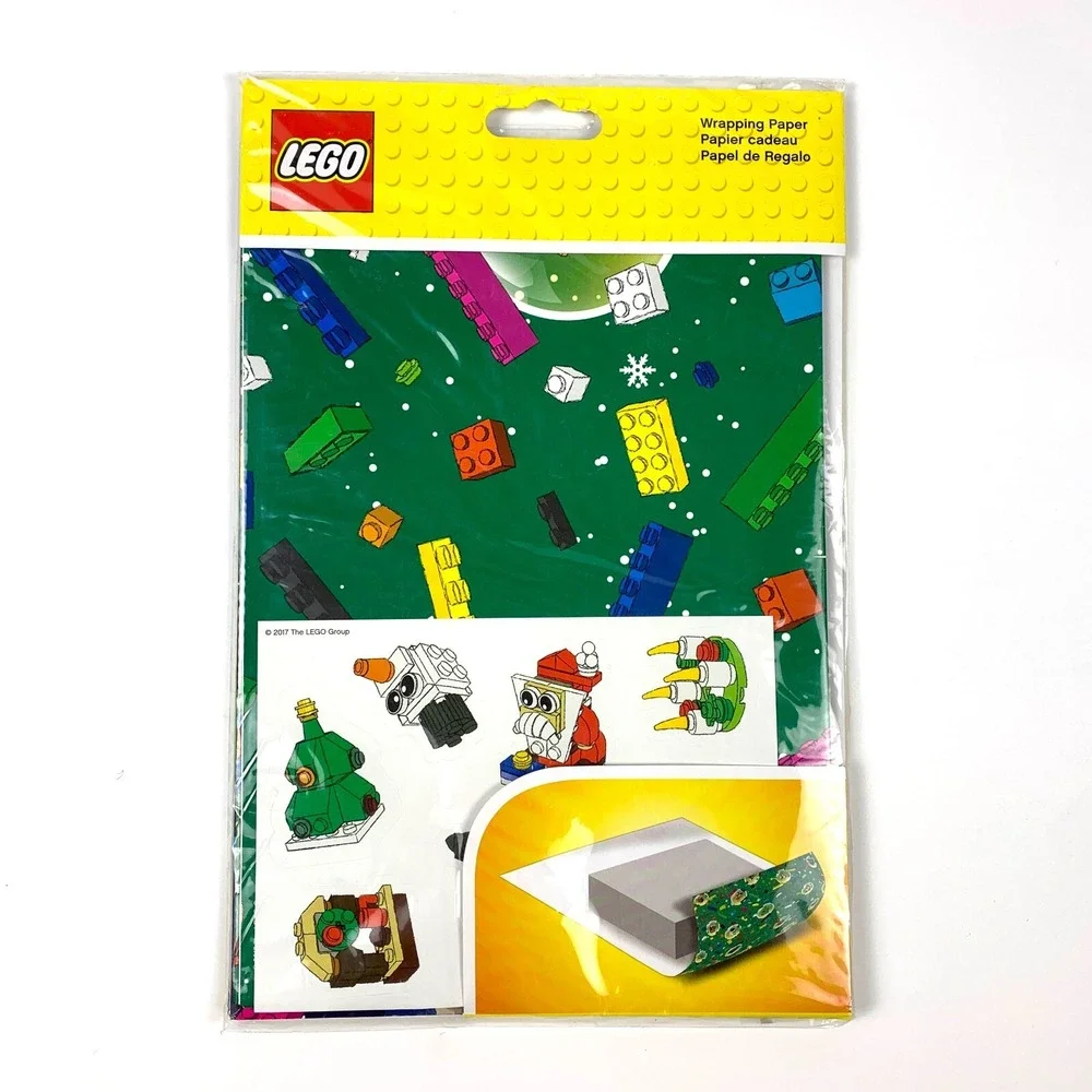 LEGO Christmas Holiday Wrapping Paper 2 Sheets Blue Green‎ Snow Globe Stickers